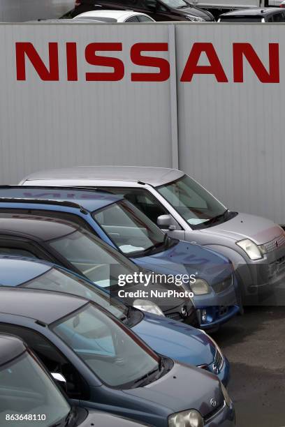 Logo of the Nissan Motor Co. Is displayed in Tokyo, Japan, October 19, 2017. Nissan dips 2% after suspending production in Japan.