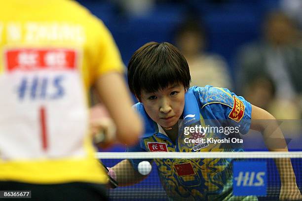 Liu Shiwen of China competes in the Women's Singles semi final match against Zhang Yining of China during the World Table Tennis Championships 2009...