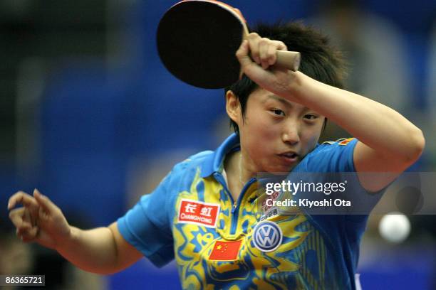 Guo Yue of China competes in the Women's Singles semi final match against Li Xiaoxia of China during the World Table Tennis Championships 2009 at...