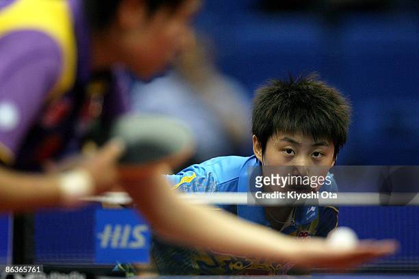 Guo Yue of China competes in the Women's Singles semi final match against Li Xiaoxia of China during the World Table Tennis Championships 2009 at...