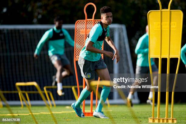 Harvey Knibbs of Aston Villa in action during a training session at the club's training ground at Bodymoor Heath on October 20, 2017 in Birmingham,...