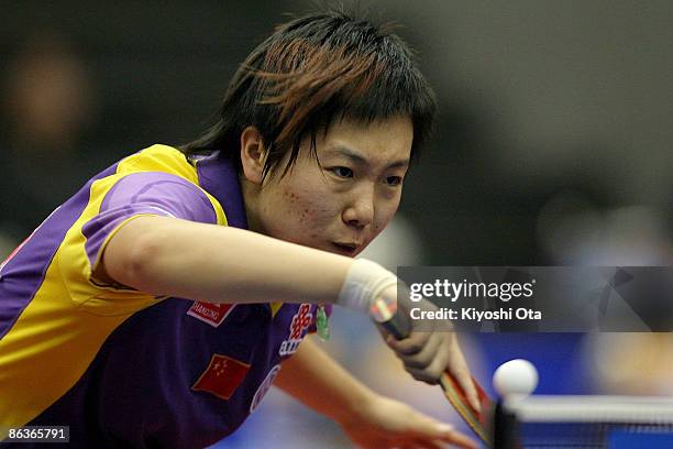 Li Xiaoxia of China competes in the Women's Singles semi final match against Guo Yue of China during the World Table Tennis Championships 2009 at...