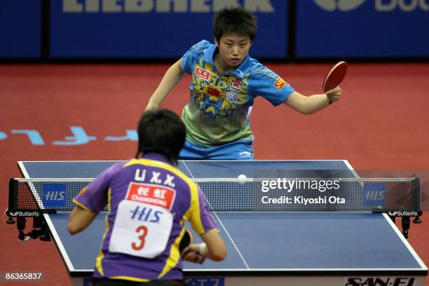 Guo Yue of China competes in the Women's Singles semi final match against Li Xiaoxia of China during the World Table Tennis Championships 2009 at...