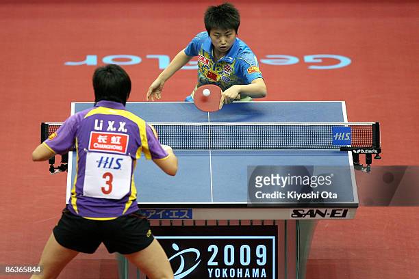 Guo Yue of China competes in the Women's Singles semi final match against Li Xiaoxia of China during the World Table Tennis Championships 2009 at...