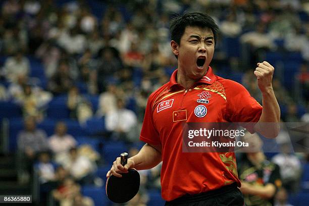 Wang Hao of China reacts after winning the Men's Singles semi final match against Ma Long of China during the World Table Tennis Championships 2009...