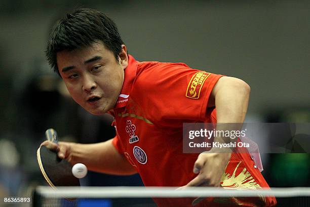 Wang Hao of China competes in the Men's Singles semi final match against Ma Long of China during the World Table Tennis Championships 2009 at...