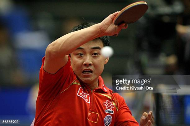 Wang Hao of China competes in the Men's Singles semi final match against Ma Long of China during the World Table Tennis Championships 2009 at...