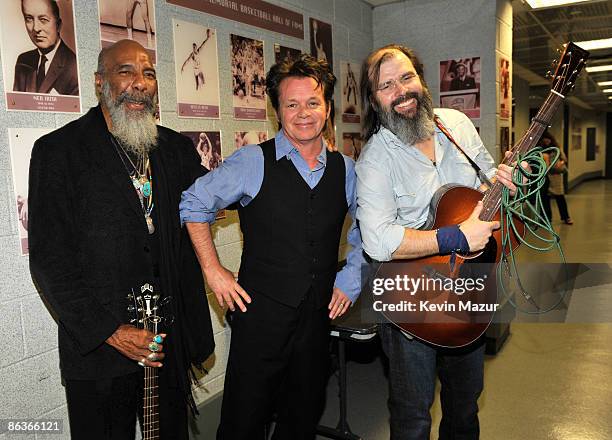 Exclusive* Richie Havens, John Mellencamp and Steve Earl backstage at the Clearwater benefit concert celebrating Pete Seeger's 90th birthday at...