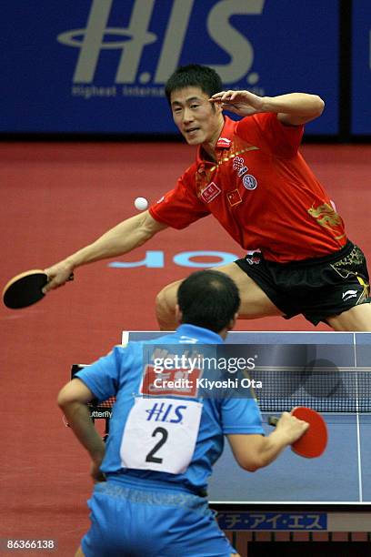 Wang Liqin of China in action during the Men's Singles semi final match against Ma Lin of China during the World Table Tennis Championships 2009 at...