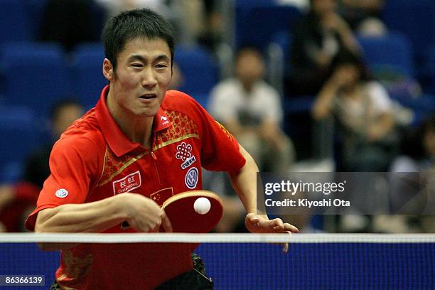 Wang Liqin of China competes in the Men's Singles semi final match against Ma Lin of China during the World Table Tennis Championships 2009 at...