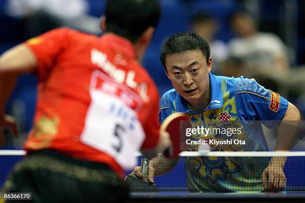 Ma Lin of China competes in the Men's Singles semi final match against Wang Liqin of China during the World Table Tennis Championships 2009 at...