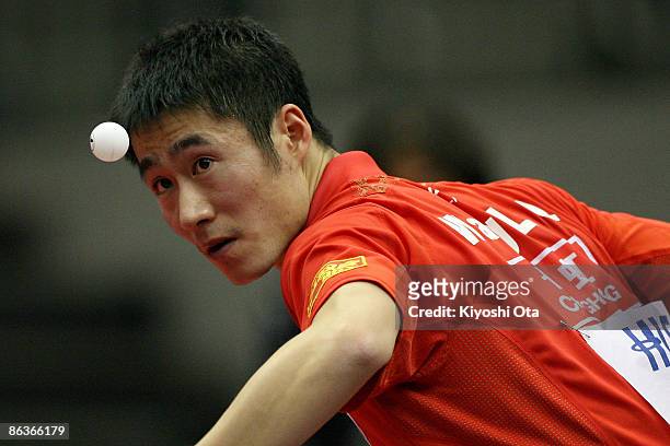 Wang Liqin of China competes in the Men's Singles semi final match against Ma Lin of China during the World Table Tennis Championships 2009 at...