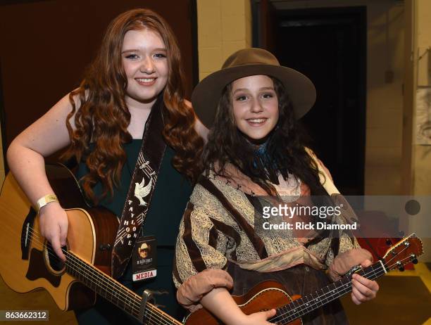 Recording Artists Taylon Hope and EmiSunshine backstage during Dr. Ralph Stanley Forever: A Special Tribute Concert at Grand Ole Opry House on...