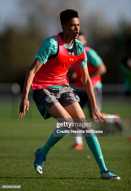 Harvey Knibbs of Aston Villa in action during a training session at the club's training ground at Bodymoor Heath on October 20, 2017 in Birmingham,...