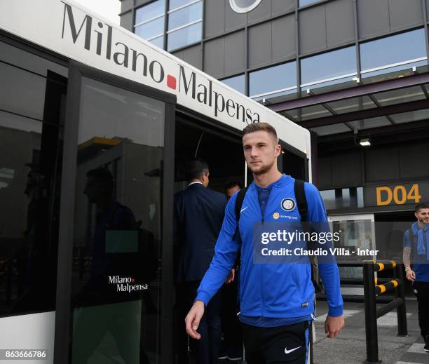 Milan Skriniar of FC Internazionale departs to Naples on October 20, 2017 in Milan, Italy.