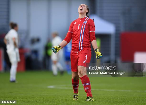 Goalkeeper Gudbjoerg Gunnarsdottir of Iceland celebrates after her team's third goal during the 2019 FIFA Women's World Championship Qualifier match...
