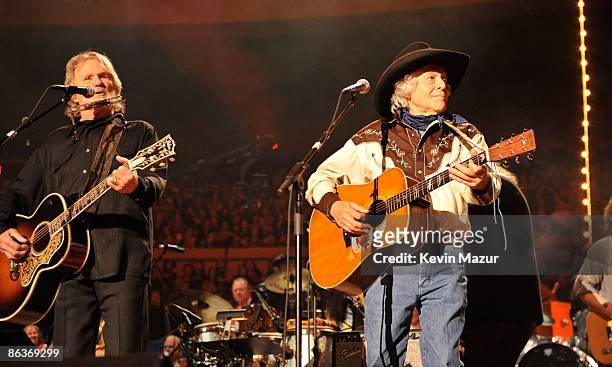 Kris Kristopherson and Ramblin Jack Elliot performs during the Clearwater benefit concert celebrating Pete Seeger's 90th birthday at Madison Square...