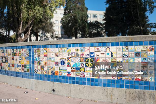 Berkeley World Wall of Peace at Martin Luther King Jr Civic Center Park in Berkeley, California, which was the site of violent 2017 protests and...