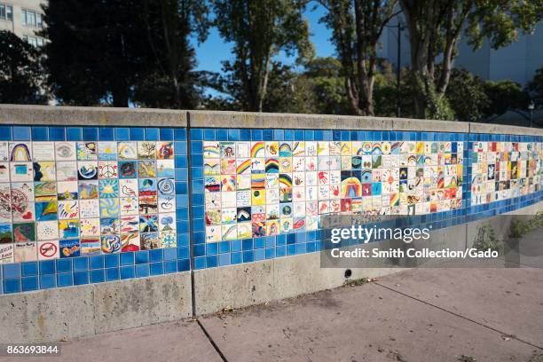 Berkeley World Wall of Peace at Martin Luther King Jr Civic Center Park in Berkeley, California, which was the site of violent 2017 protests and...