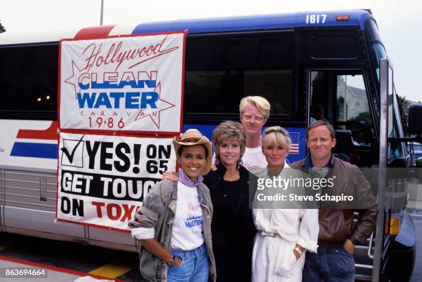 Portrait of, from left, American actors Shari Belafonte, Jane Fonda, Ed Begley Jr, Linda Evans, and Charles Haid as they stand beside the Hollywood...