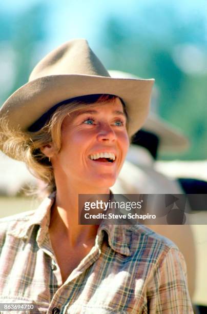 Close-up of American actress Jane Fonda in costume on the set of the film 'Comes a Horseman' , Arizona, 1977.