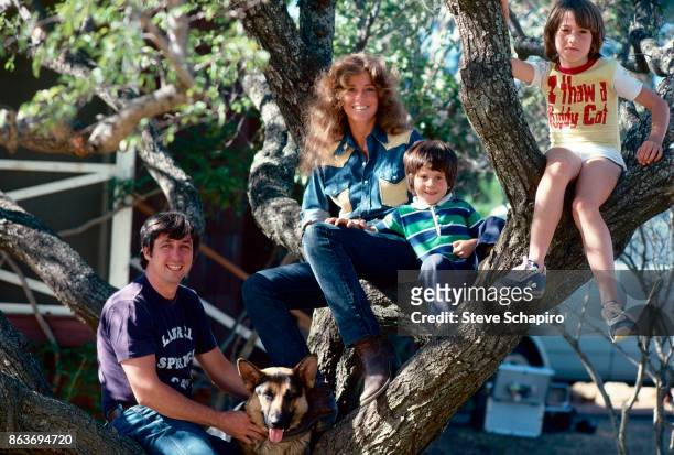 Portrait of American married couple, politician & activist Tom Hayden and actress Jane Fonda, and their children, Troy Garity and Vanessa Vadim, as...
