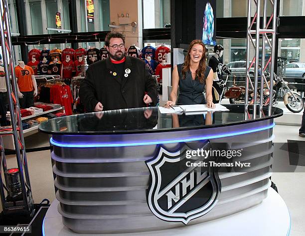 Kevin Smith is interviewed by Heidi Androl during a guest appearance on the Cisco All-Access Pregame Show filmed at the NHL Powered by Reebok Store...