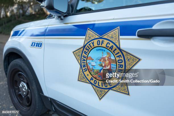 Close-up of campus police vehicle with logo at UC Berkeley, a University of California school in Berkeley, California, October 6, 2017. UC Berkeley...