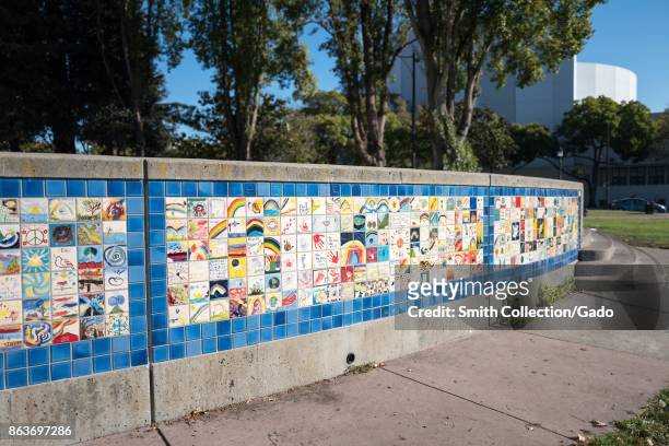Berkeley World Wall of Peace at Martin Luther King Jr Civic Center Park in Berkeley, California, which was the site of violent 2017 protests and...