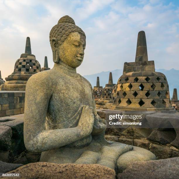 ancient buddha statue and stupas at borobudur, central java, indonesia - dharmachakra stock pictures, royalty-free photos & images