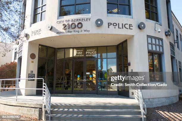 Facade of the police station and fire station for the Berkeley Police and Berkeley Fire Department, at Martin Luther King Jr Civic Center Park in...