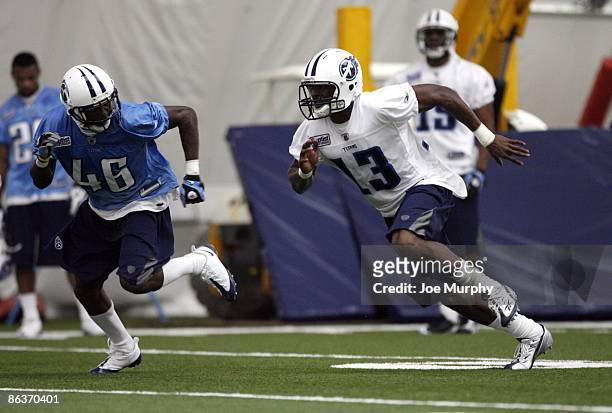Dudley Guice of the Tennessee Titans runs against Jeremy Haynes of the Tennessee Titans during the Tennessee Titans Minicamp on May 1, 2009 at...