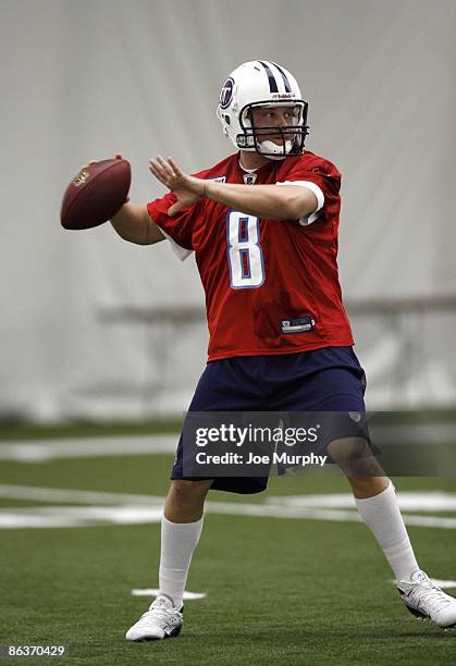 Alex Mortensen of the Tennessee Titans looks to throw downfield during the Tennessee Titans Minicamp on May 1, 2009 at Baptist Sports Park in...