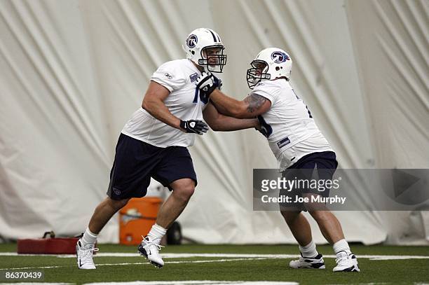 Ryan Durand of the Tennessee Titans blocks against Troy Kropog of the Tennessee Titans during the Tennessee Titans Minicamp on May 1, 2009 at Baptist...