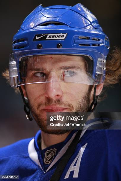 Ryan Kesler of the Vancouver Canucks looks on from the bench during Game Two of the Western Conference Semifinal Round of the 2009 Stanley Cup...