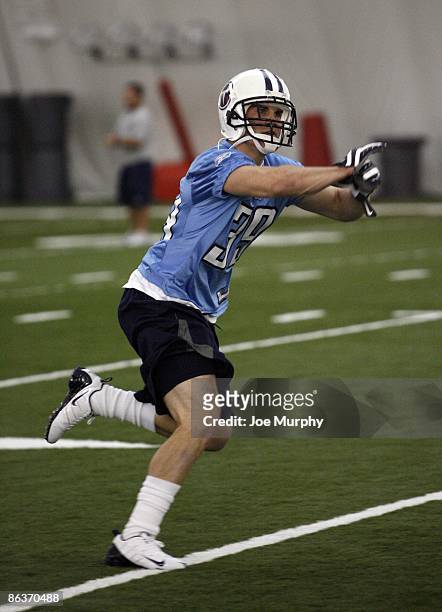 Nick Schommer of the Tennessee Titans runs to catch a ball during the Tennessee Titans Minicamp on May 1, 2009 at Baptist Sports Park in Nashville,...