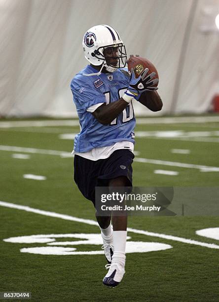 Jeremy Haynes of the Tennessee Titans catches the ball during the Tennessee Titans Minicamp on May 1, 2009 at Baptist Sports Park in Nashville,...