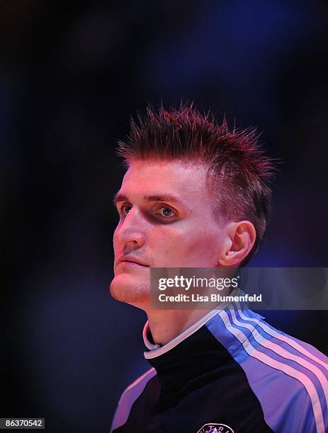 Andrei Kirilenko of the Utah Jazz looks on during the national anthem before Game Two of the Western Conference Quarterfinals against the Los Angeles...