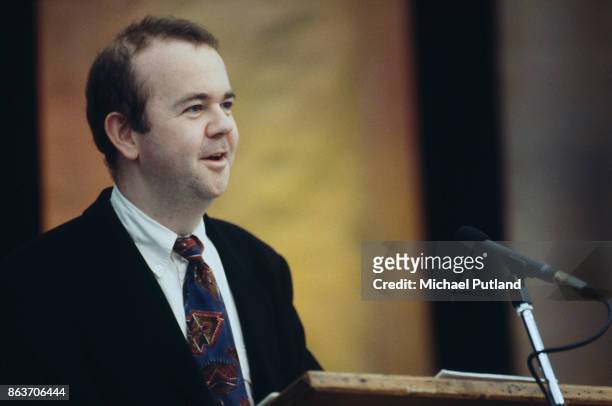 Journalist and satirist Ian Hislop giving a speech, London, UK, 1998.