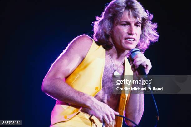 British-born Australian singer and songwriter Andy Gibb performing on stage, USA, 1978.