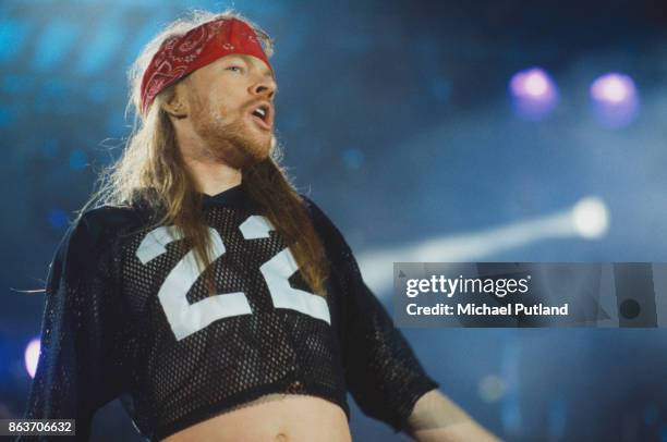 American singer-songwriter Axl Rose of rock group Guns N' Roses performs at the Freddie Mercury Tribute Concert, Wembley Stadium, London, 20th April...