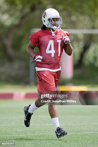 Rashad Johnson of the Arizona Cardinals participates in a drill during a team minicamp at the team training facility on May 2, 2009 in Tempe, Arizona.