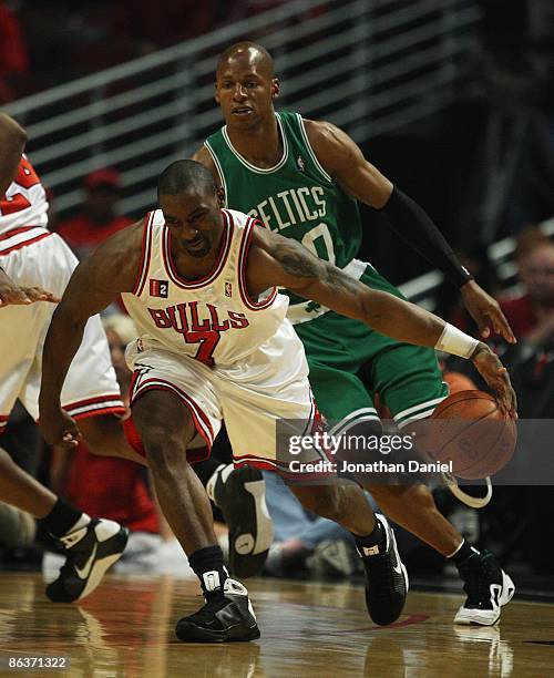 Ben Gordon of the Chicago Bulls contorls the ball under pressure from Ray Allen of the Boston Celtics in Game Six of the Eastern Conference...