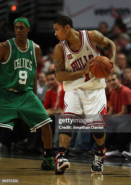 Derrick Rose of the Chicago Bulls moves against Rajon Rondo of the Boston Celtics in Game Six of the Eastern Conference Quarterfinals during the 2009...