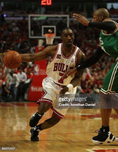 Ben Gordon of the Chicago Bulls drives against Ray Allen of the Boston Celtics in Game Six of the Eastern Conference Quarterfinals during the 2009...