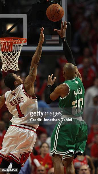 Ray Allen of the Boston Celtics puts up a shot against Derrick Rose of the Chicago Bulls in Game Six of the Eastern Conference Quarterfinals during...