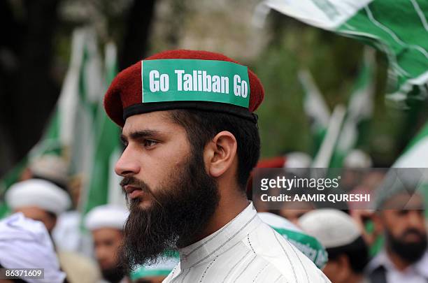 Pakistani Islamist wears a cap bearing the slogan 'Go Taliban Go' during an anti-Taliban and anti-US protest rally in Islamabad on May 4, 2009. A...
