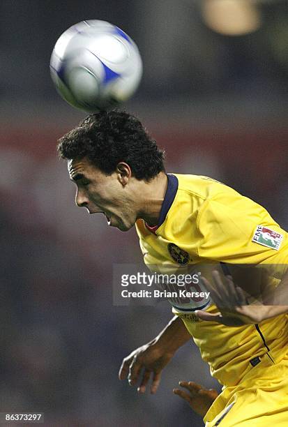 Enrique Esqueda of Club America goes up for a header during the second half against the Chicago Fire at Toyota Park on April 29, 2009 in Bridgeview,...