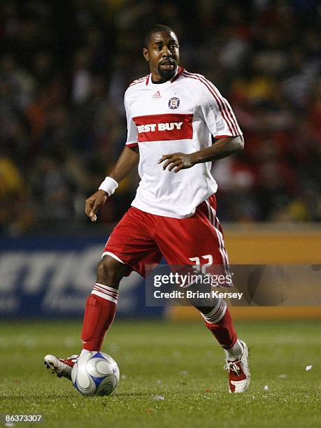 Dasan Robinson of the Chicago Fire handles the ball during the first half against Club America at Toyota Park on April 29, 2009 in Bridgeview,...