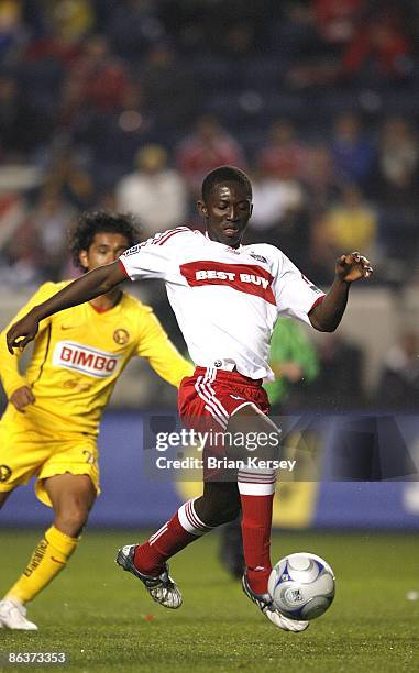 Patrick Nyarko of the Chicago Fire moves the ball during the first half against Club America at Toyota Park on April 29, 2009 in Bridgeview,...